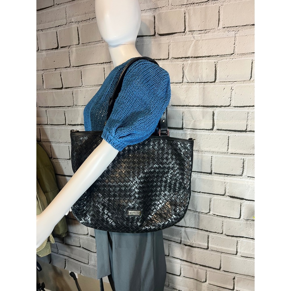 Cole Haan Black Woven Leather Tote Bag Zippered Shoulder Bag Gold Hardware